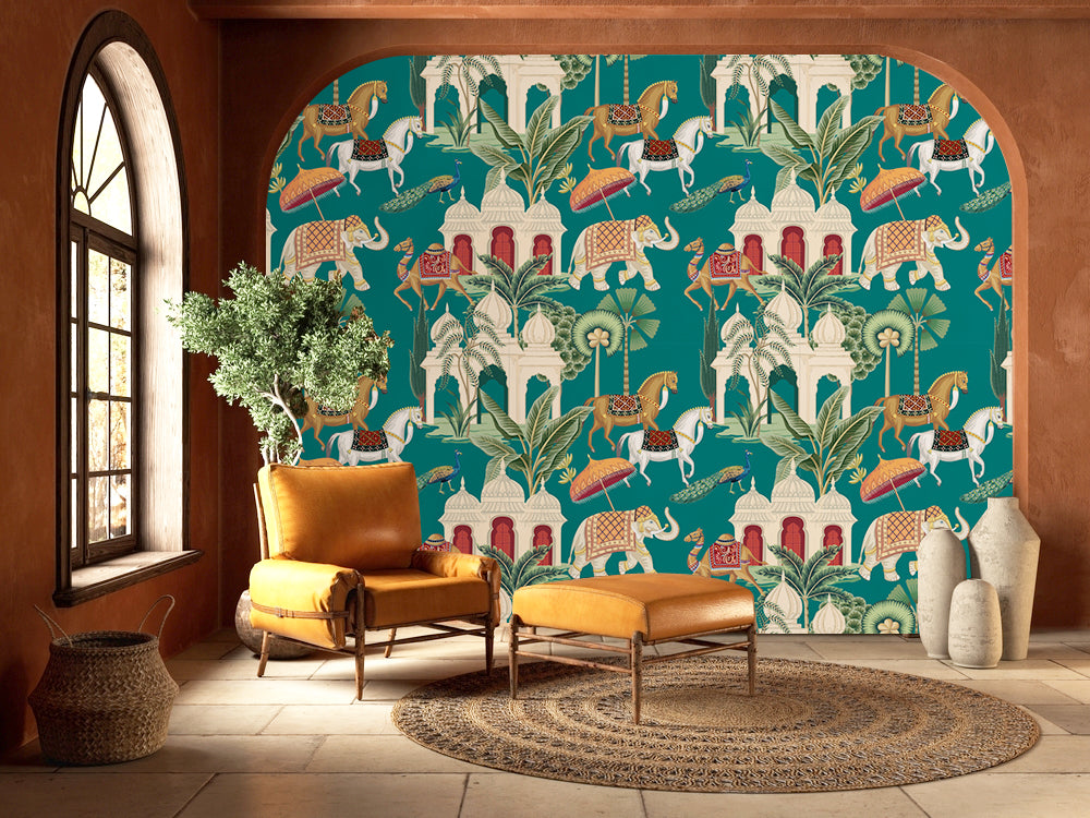 Elephant And Horses In Mughal Dynasty Indian Pattern Wallpaper