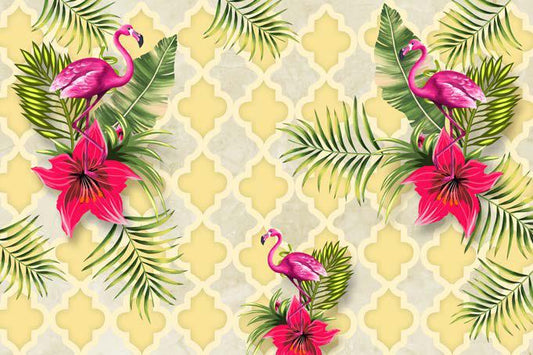 Flamingos And Tropical Plants Pattern Floral Wallpaper