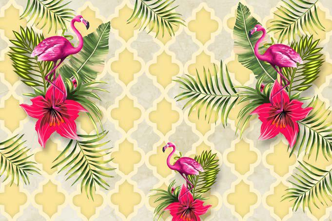 Flamingos And Tropical Plants Pattern Floral Wallpaper