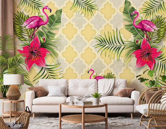 Flamingos And Tropical Plants Pattern Floral Wallpaper