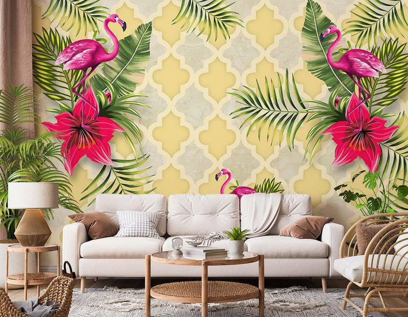 Flamingos And Tropical Plants Pattern Floral Wallpaper