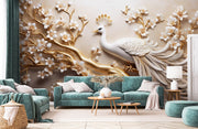 Floral Themed White 3D Peacock Wallpaper