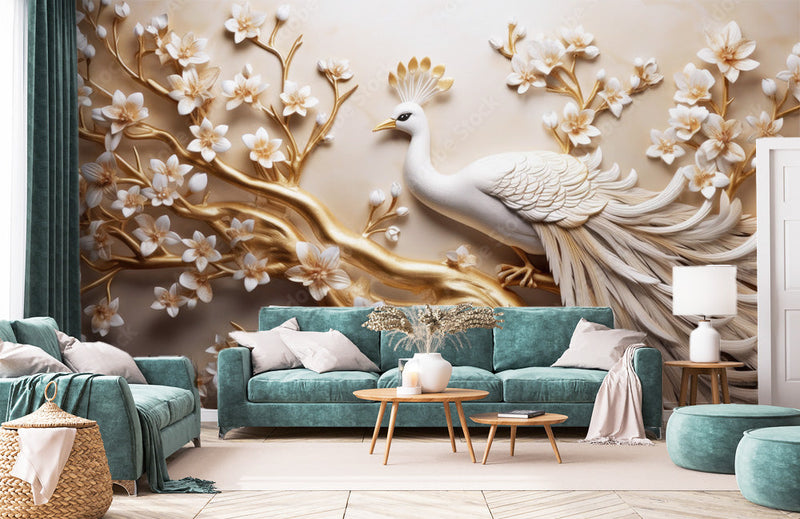 Floral Themed White 3D Peacock Wallpaper