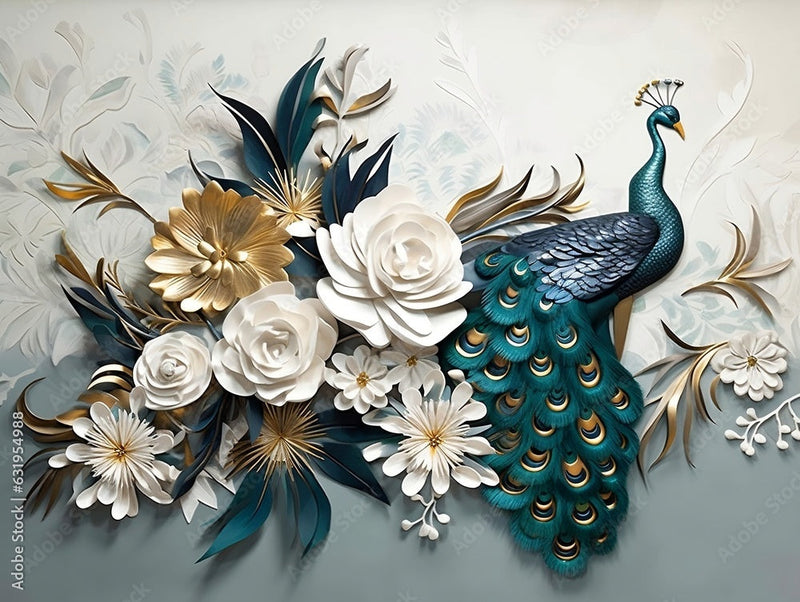 Glorious Floral Themed 3D Peacock Wallpaper