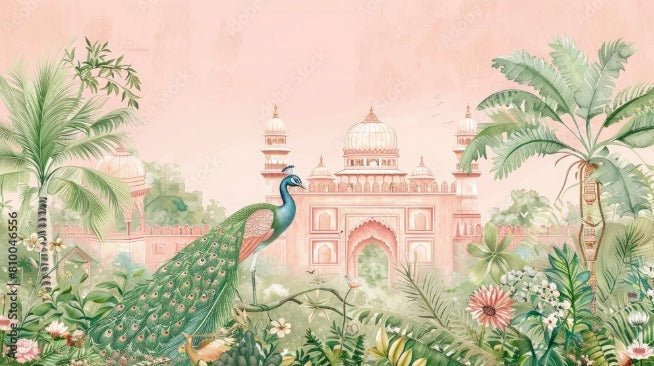 Glorious Red Fort With Peacock Theme Indian Pattern Wallpaper