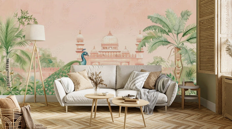 Glorious Red Fort With Peacock Theme Indian Pattern Wallpaper