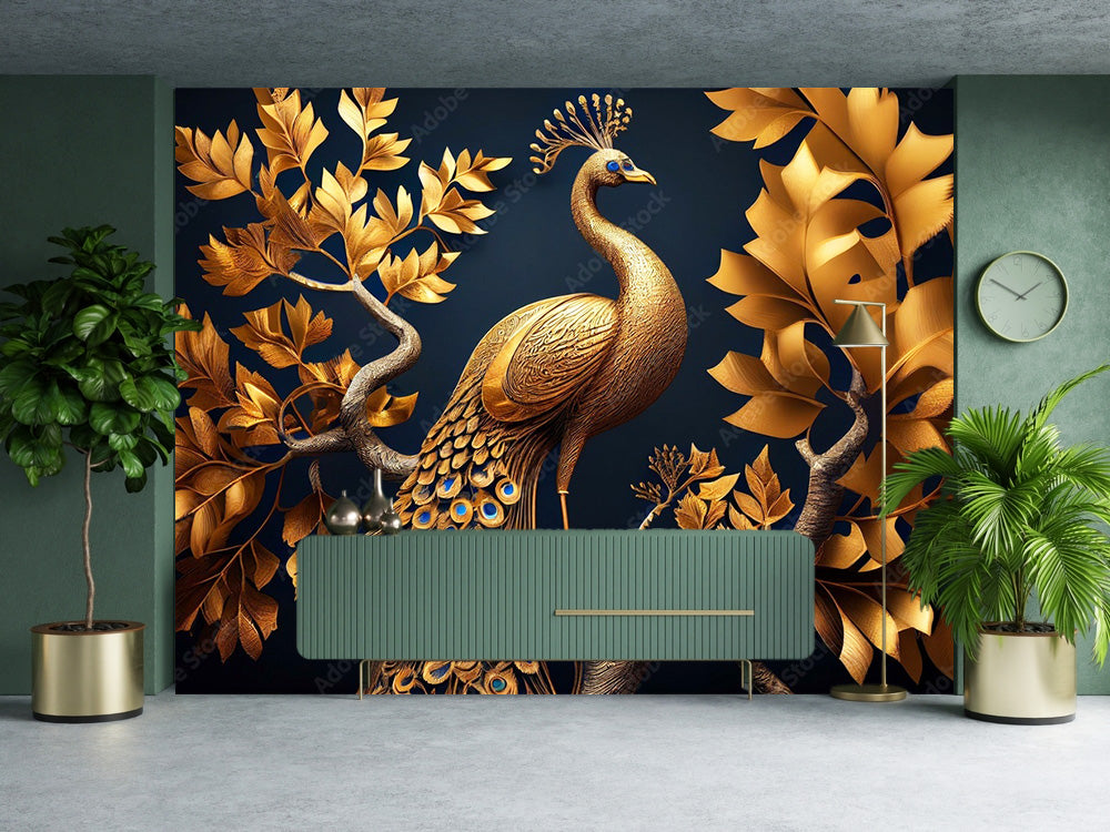 Golden 3D Peacock Wallpaper