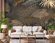 Golden Leaf And Dot Chinese Pattern Floral Wallpaper