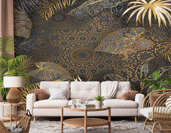 Golden Leaf And Dot Chinese Pattern Floral Wallpaper