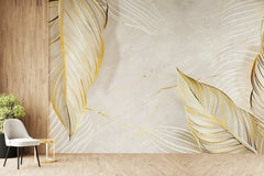 Golden Leaves On Marble Textured Wallpaper