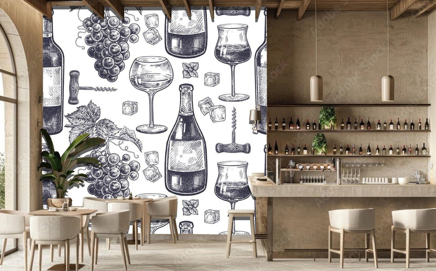 Grapes Wine Bottle Drawn Bar Wallpaper