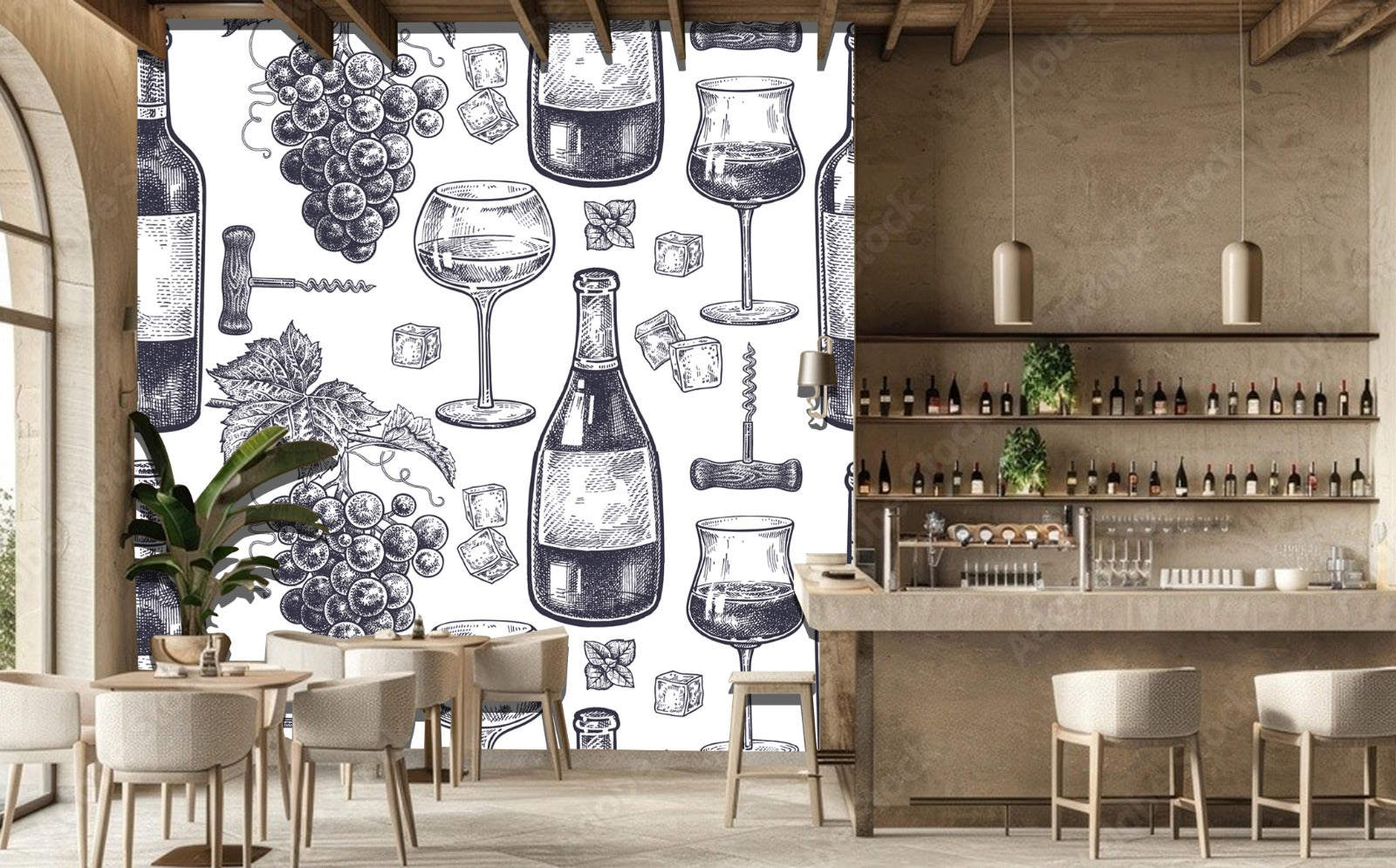 View of Grapes Wine Bottle Drawn Bar Wallpaper – Myindianthings