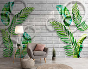 Green Palm Tree Leaves On Brick Tropical Wallpaper