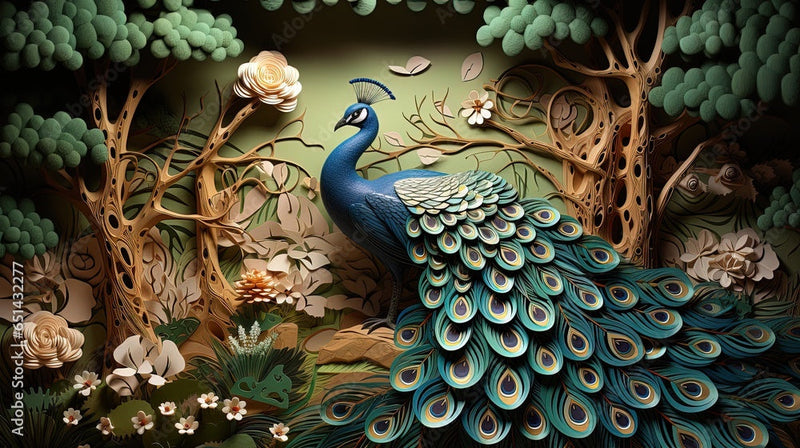 Greenery Designed 3D Peacock Wallpaper