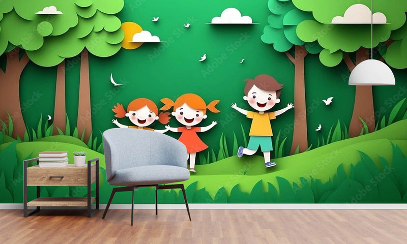 Happy Kids Playing Outdoors 3D Design Wallpaper
