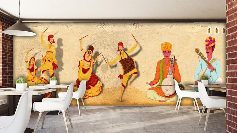 Indian Classical Dance And Music Theme Cafe Wallpaper