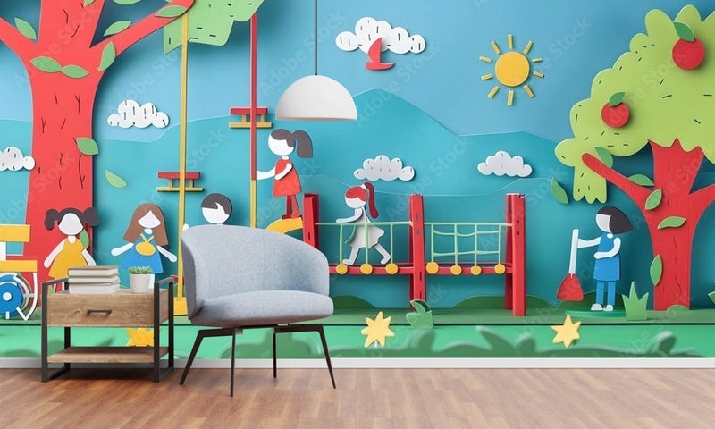 Kids Playing In Park 3D Design Wallpaper