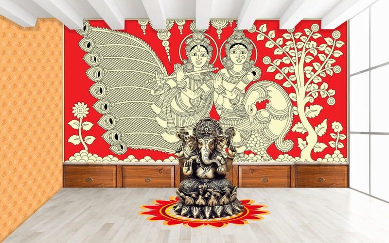 Lord Krishna And Radha Kalamkari Out Line Art Wallpaper