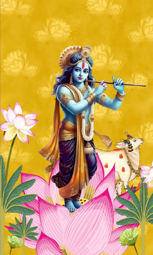 Lord Krishna Combined Cow Pichwai Theme God Wallpaper