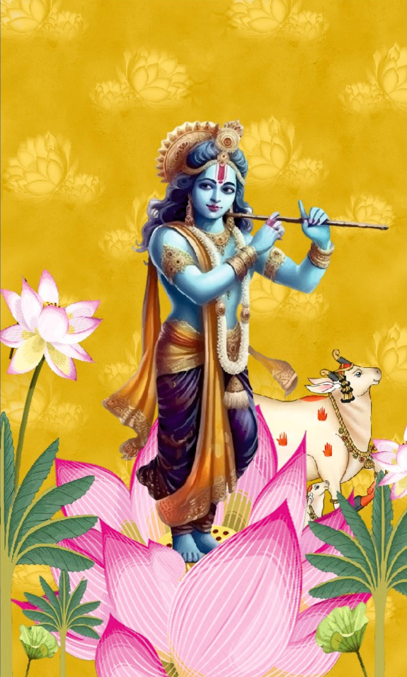 Lord Krishna Combined Cow Pichwai Theme God Wallpaper