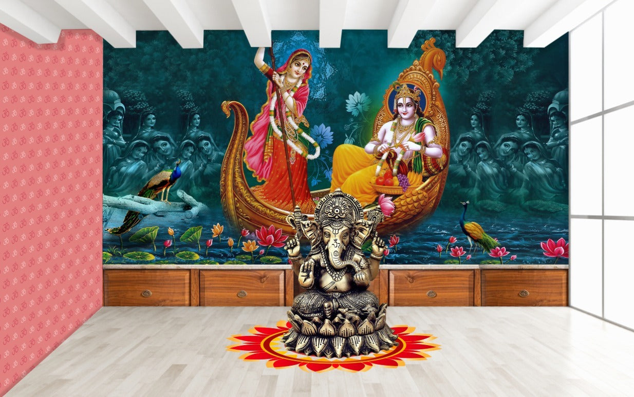 Radha Krishna Painting With Boat Painting Wallpaper