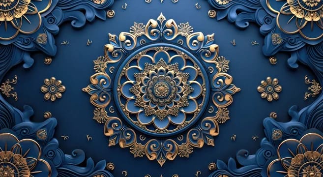 Realistic Golden And Blue Mandala Art Ceiling Wallpaper