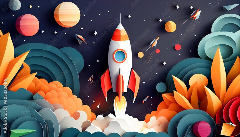 Rocket Launch Paper Art 3D Design Wallpaper