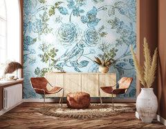 Shining Blue Leaves Theme Floral Wallpaper