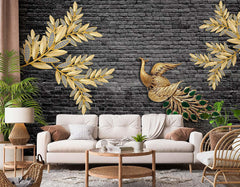 Solid Black Brick Pattern Floral Wallpaper