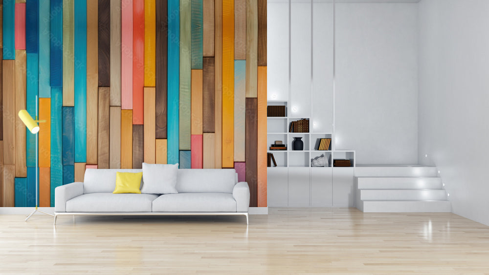 Vertical Mutlicolor Stripes Wooden Wallpaper