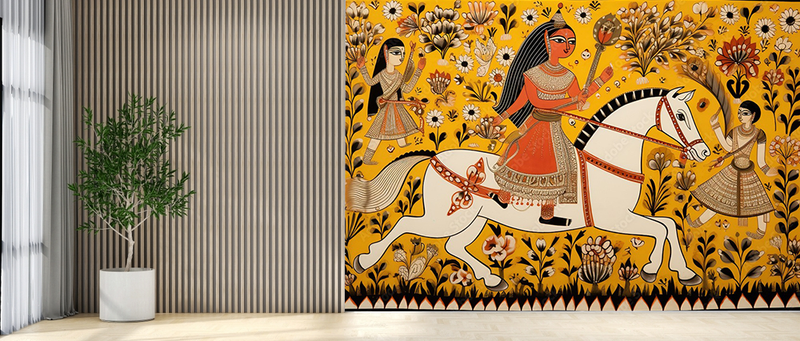 White Horse Themed Indian Pattern Wallpaper