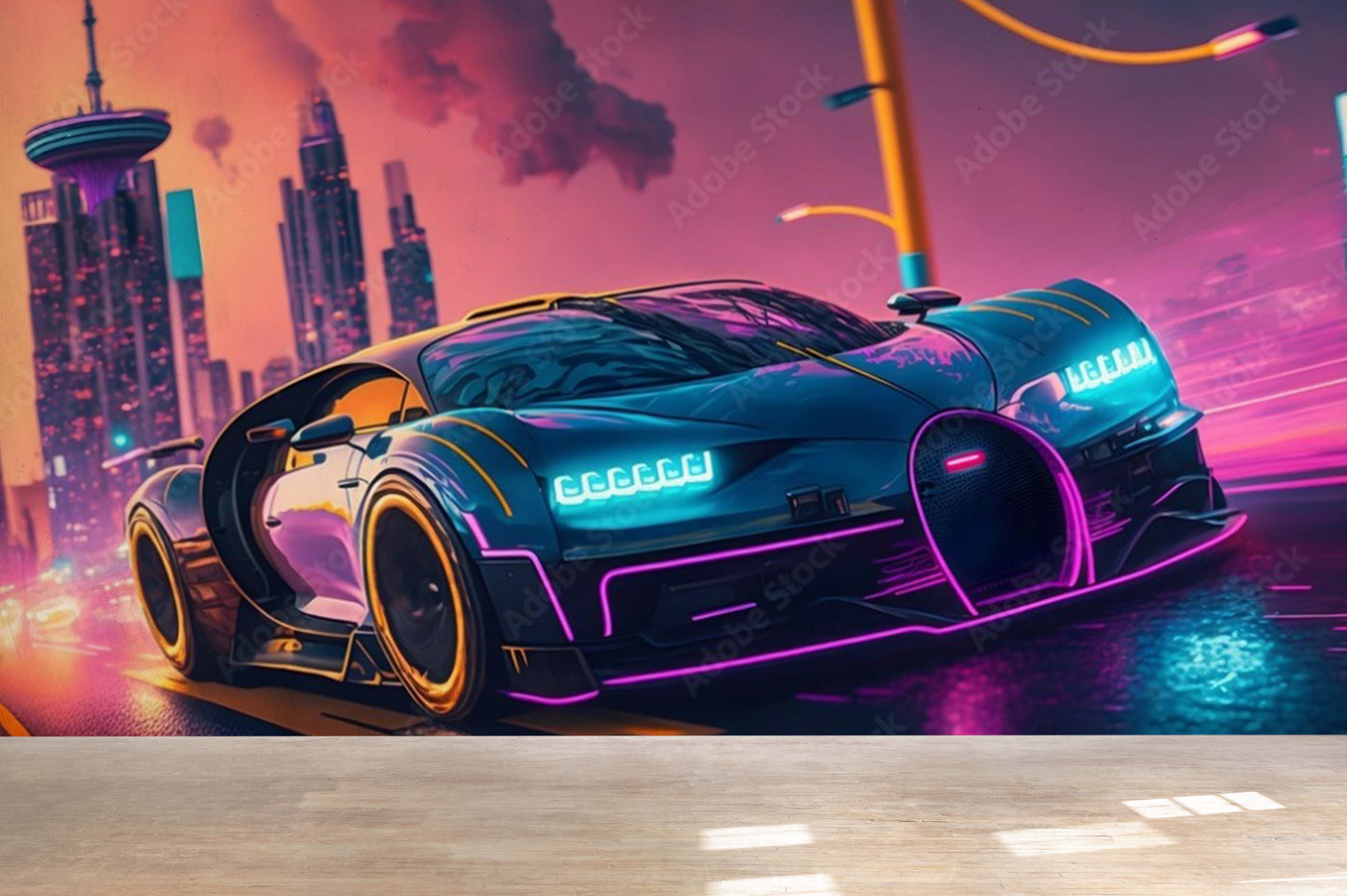 3D Retro Car sunset city wallpaper
