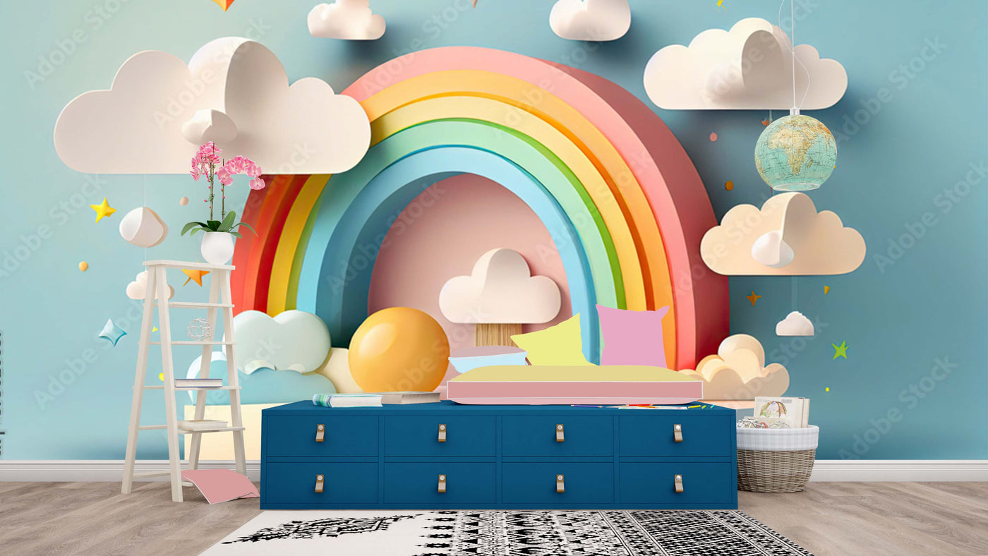 3D Sky cloud rainbow kid wallpaper design for wall