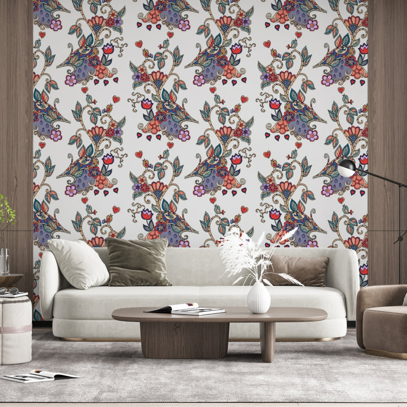 Floral Print White Wallpaper