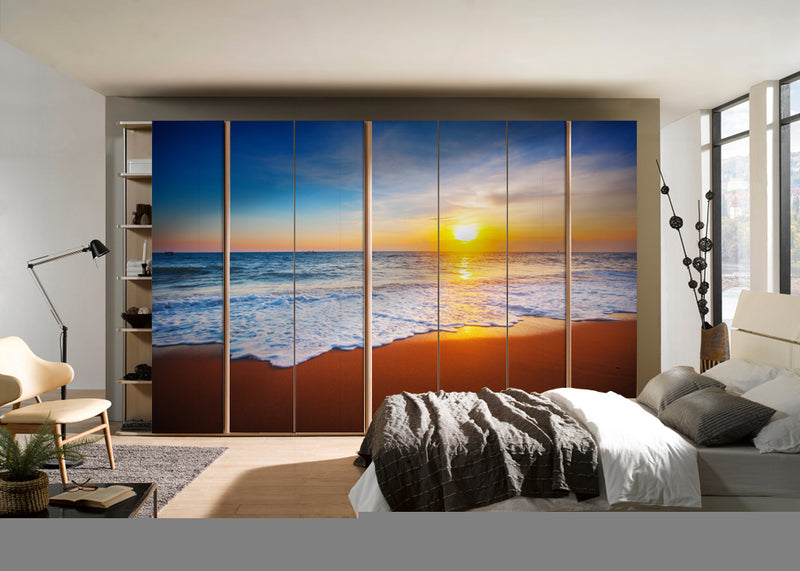 Sunset On Beach Painting Self Adhesive Sticker For Wardrobe
