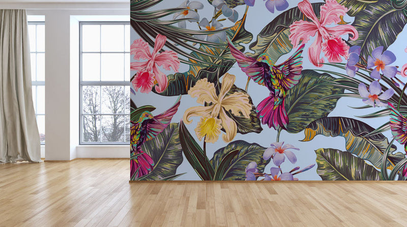 Exotic Flowers Birds Tropical Wallpaper