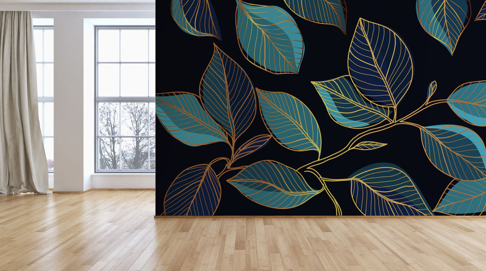 Golden Leaves Line Art Wallpaper