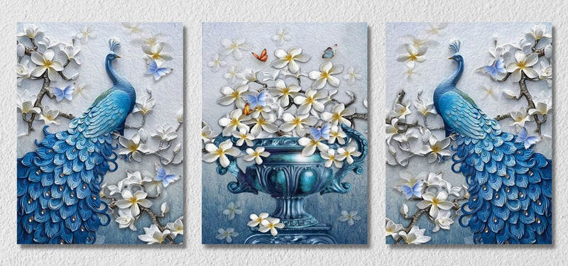 Blue White Peacock Floral, Set Of 3