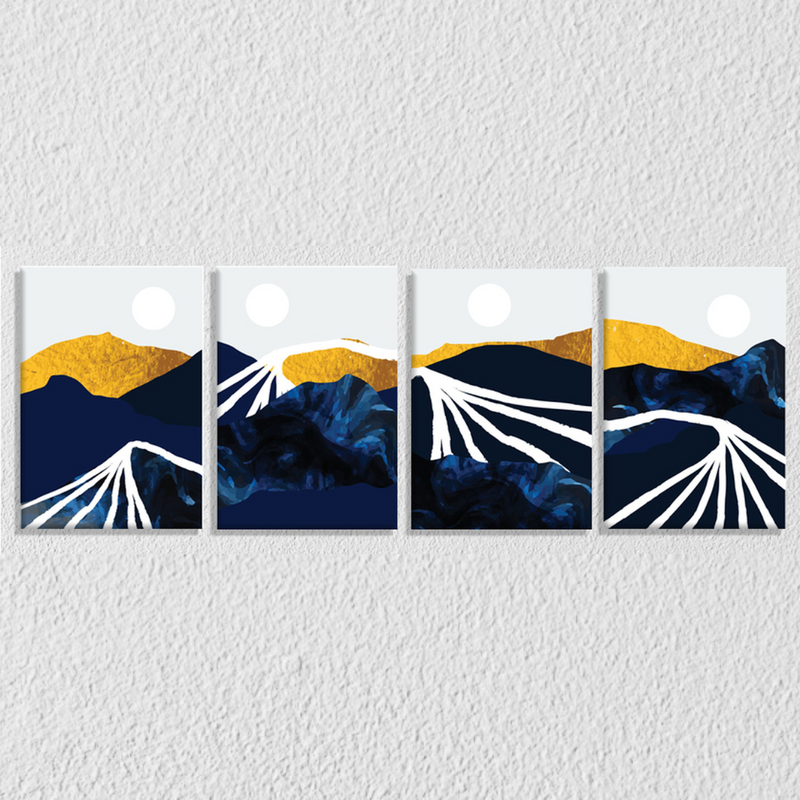 Golden And Blue Mountain With White Stroke, Set Of 4