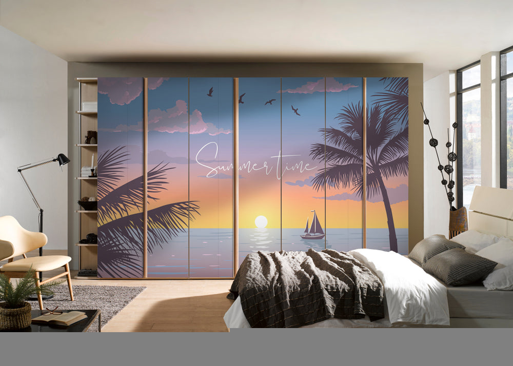 Boat In The Ocean With Tree Self Adhesive Sticker For Wardrobe