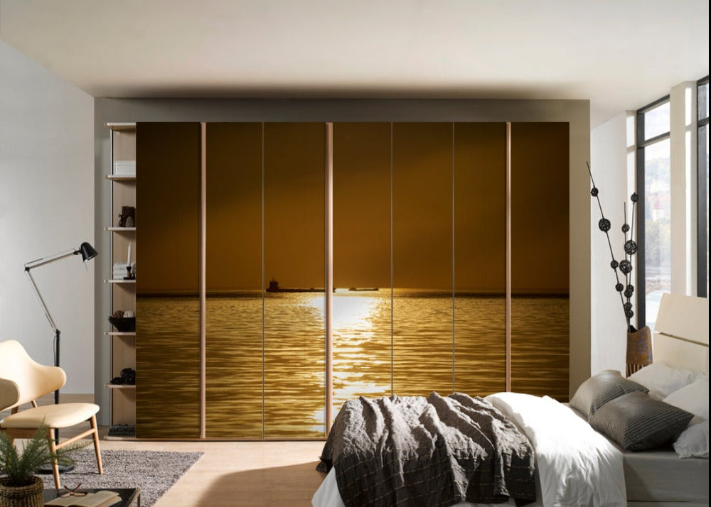 Sunshine In Brown Ocean Painting Self Adhesive Sticker For Wardrobe
