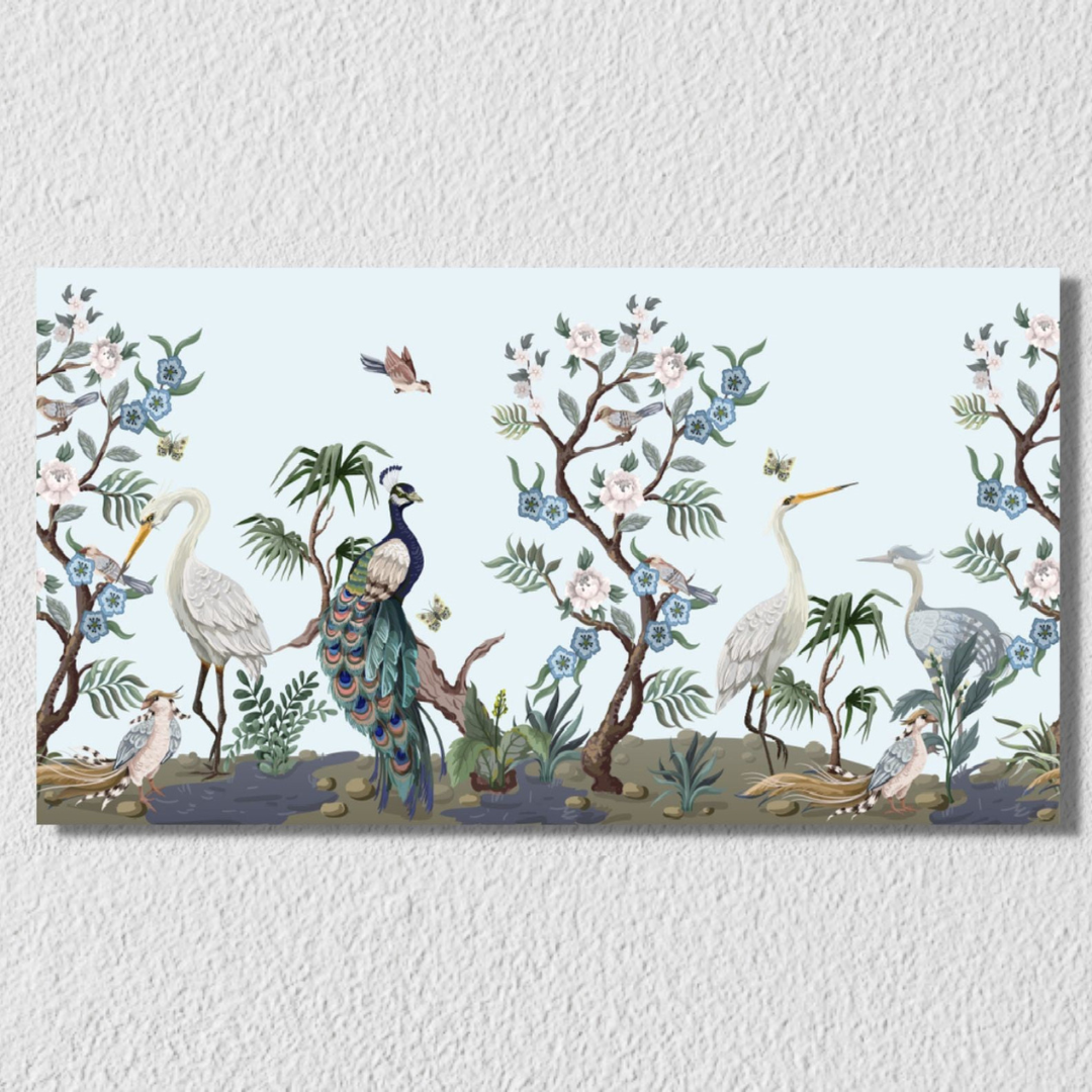 Peacock Birds Blue Landscape Art
