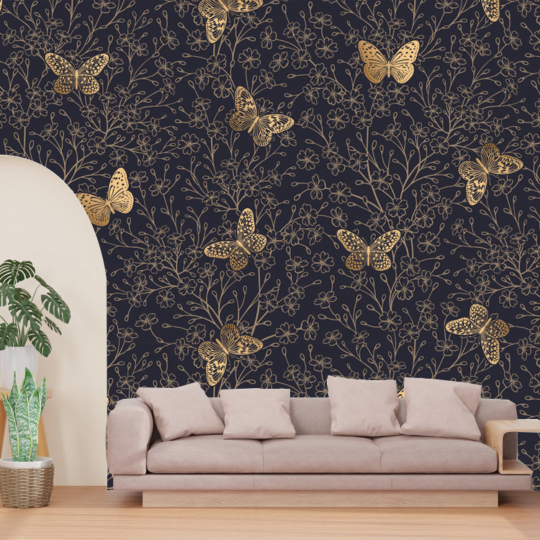Golden Butterfly Blue Wallpaper