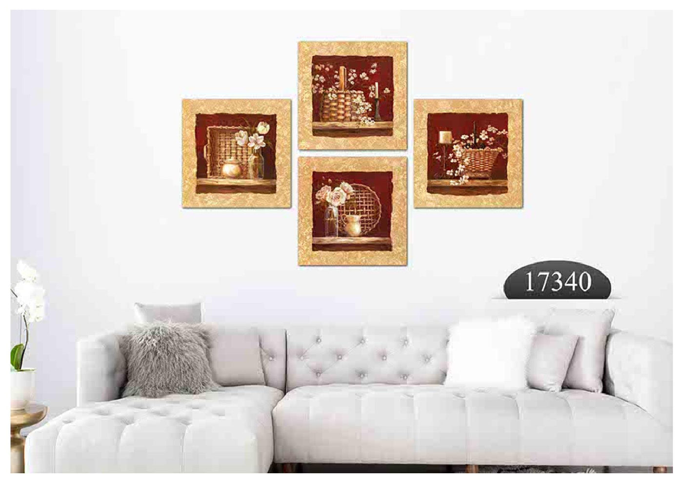 Brown Floral Basket Art, Set Of 4