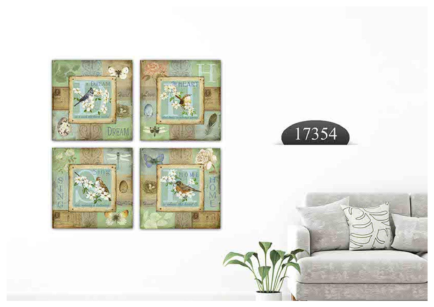 Birds Blue Green Art, Set Of 4