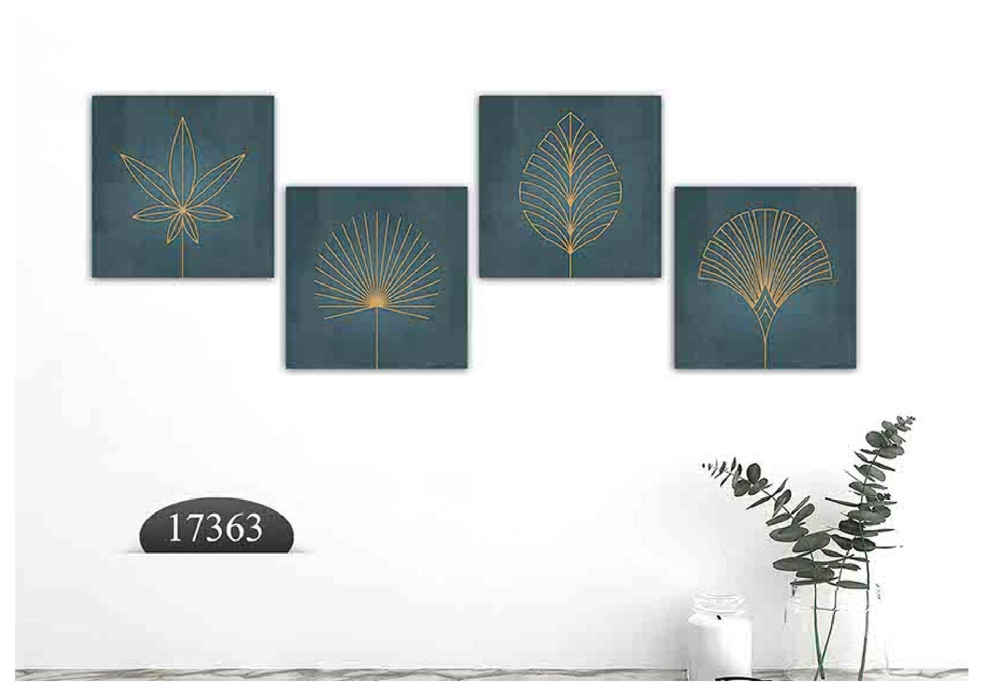 Golden Leaf Blue Art, Set Of 4