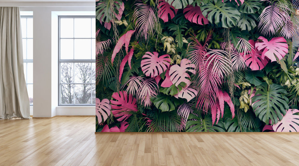 Tropical Green Pink Leaves Wallpaper