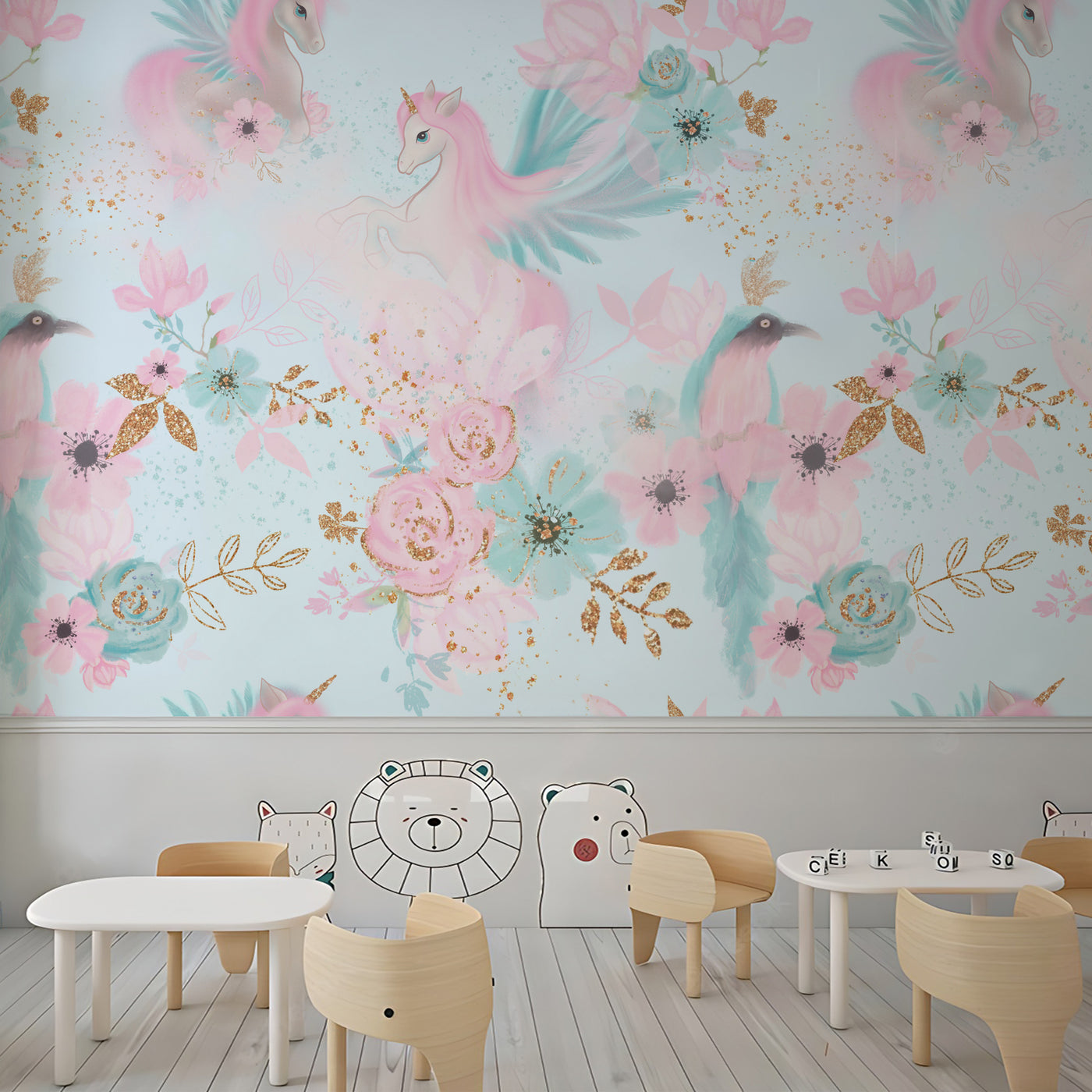 Floral Unicorn School Wallpaper