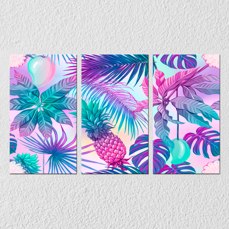 Multicolour Leaf And Pineaplle Wall Art, Set Of 3