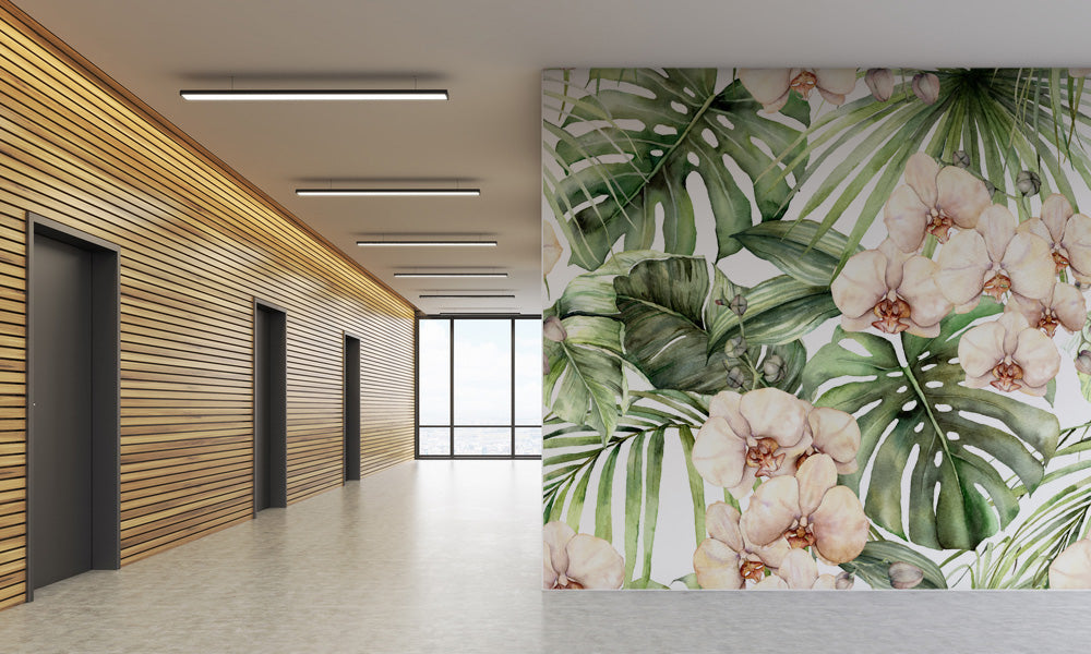 Tropical Green Leaf Pink Flowers Wallpaper